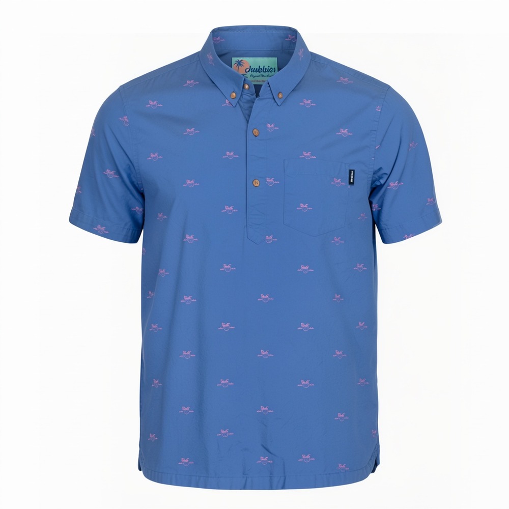 Chubbies Mens Large Blue Pink Aloha Tropical Print Short Sleeve Popover Shirt